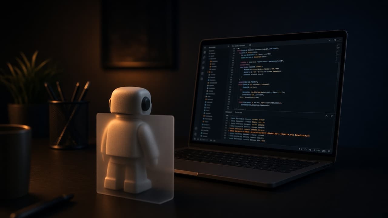 A small white robot figure behind frosted glass in front of a laptop showing code in a dark room
