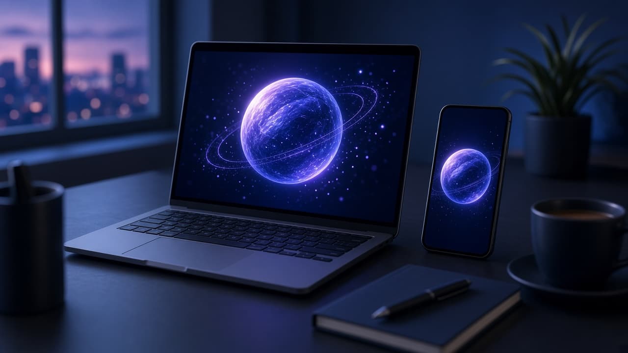 Laptop i mobitel na stolu prikazuju istu 3D scenu planeta u plavim tonovima