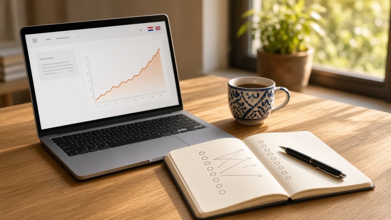 A laptop with a rising traffic chart and a language switch, beside an open notebook and a coffee cup